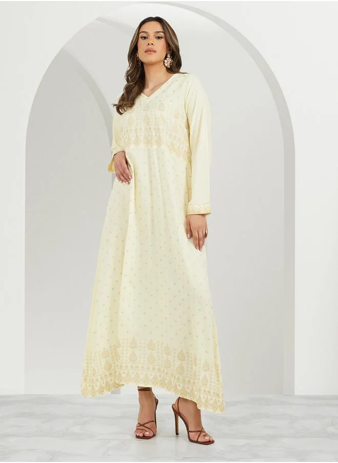 ستايلي Placement Print V-Neck A-Line Jalabiya