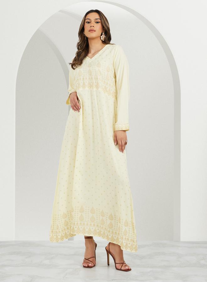 Styli Placement Print V-Neck A-Line Jalabiya  - Image 1