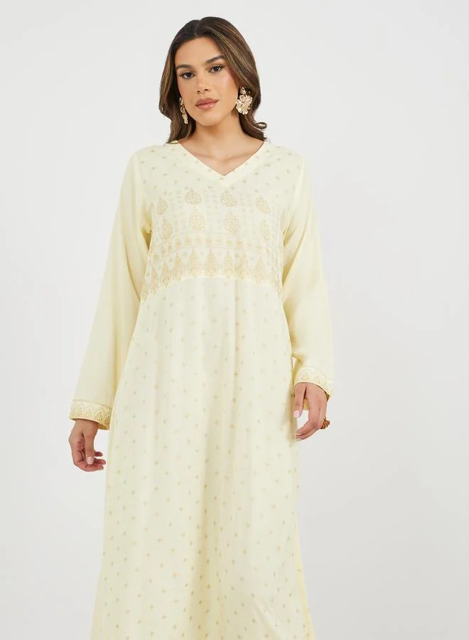 Styli Placement Print V-Neck A-Line Jalabiya