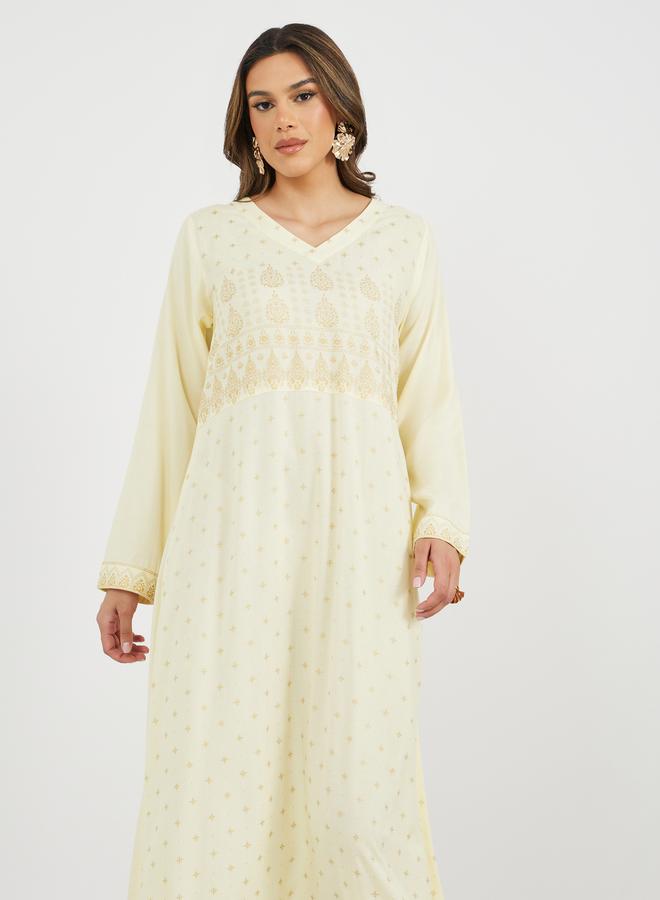 Styli Placement Print V-Neck A-Line Jalabiya  - Image 3