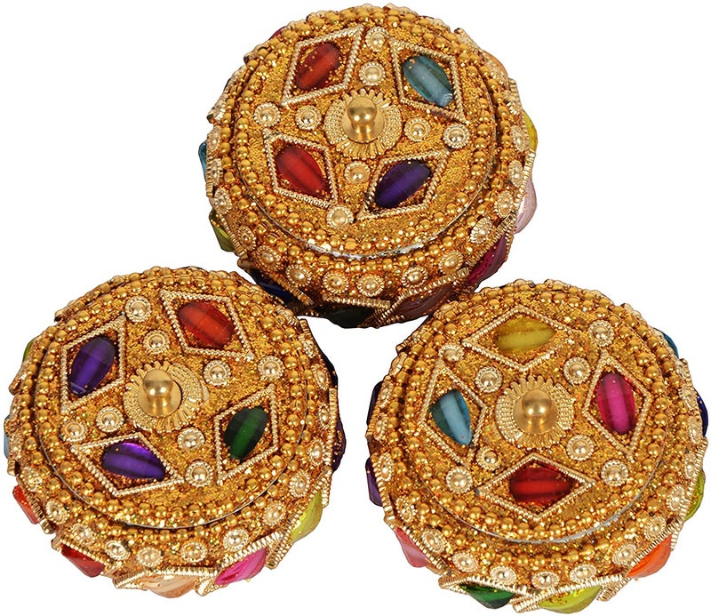 SM Creations Decorative Jewelry Box 6 cm x 6 cm x 3 CM Pack of 3pc Decorative Vanity Box Sindoor Dabbi Kumkum Dani Handicraft box Gold Multicolor - Image 1