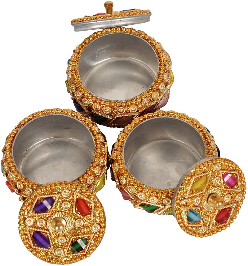 SM Creations Decorative Jewelry Box 6 cm x 6 cm x 3 CM Pack of 3pc Decorative Vanity Box Sindoor Dabbi Kumkum Dani Handicraft box Gold Multicolor - Image 4