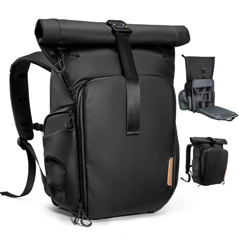 K&F CONCEPT Camera Backpack, Camera Bag with 15.6 Inch Laptop Compartment, Roll Top&Front Pocket Expandable Camera Backpack with Side Access for Photographers - Image 1