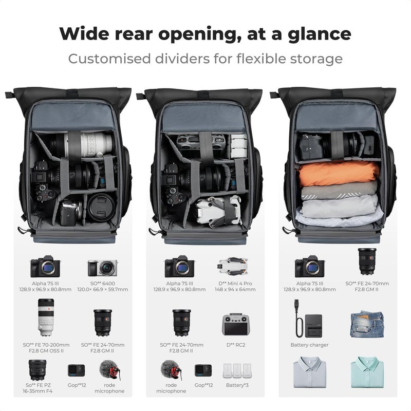 K&F CONCEPT Camera Backpack, Camera Bag with 15.6 Inch Laptop Compartment, Roll Top&Front Pocket Expandable Camera Backpack with Side Access for Photographers - Image 2