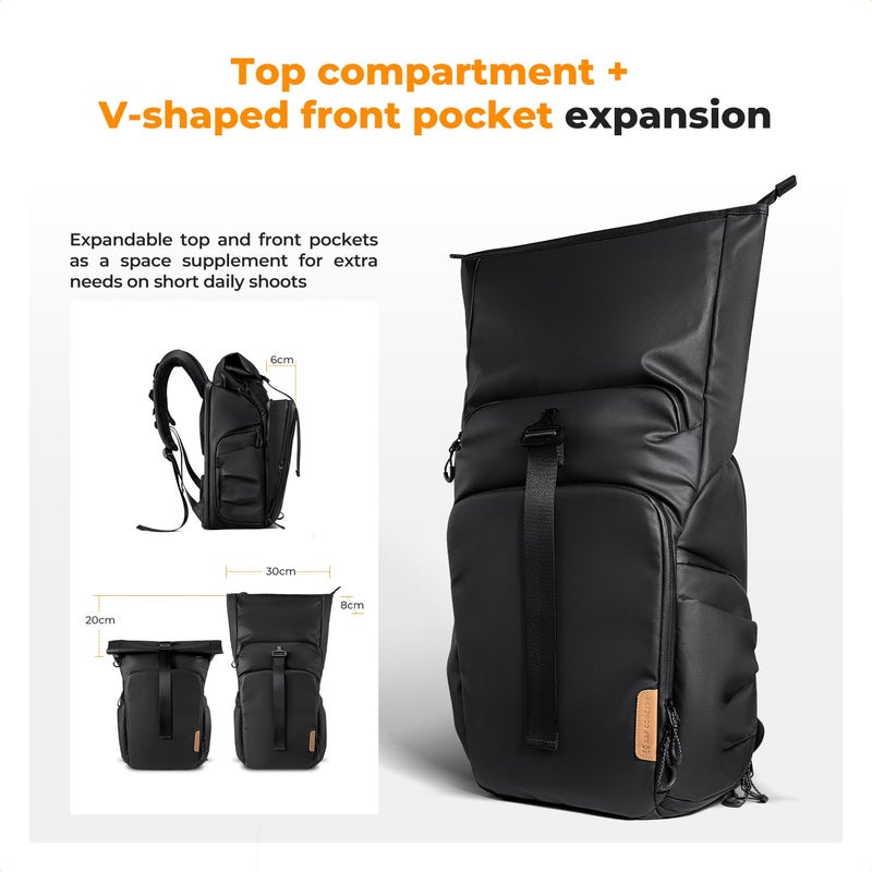 K&F CONCEPT Camera Backpack, Camera Bag with 15.6 Inch Laptop Compartment, Roll Top&Front Pocket Expandable Camera Backpack with Side Access for Photographers - Image 4