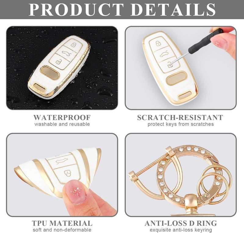 OFFCURVE Car Key Cover for Audi 3 Buttons Key Fob Case with Keychain - White Gold - Image 2