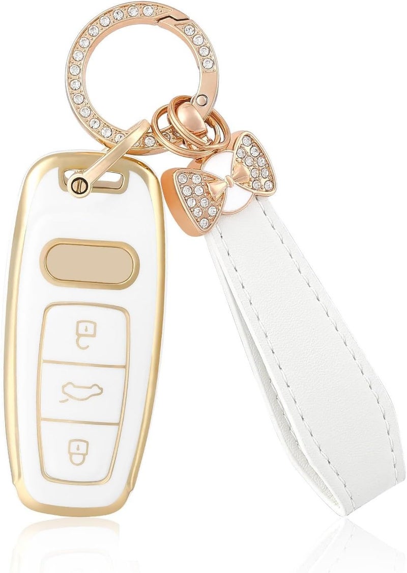 OFFCURVE Car Key Cover for Audi 3 Buttons Key Fob Case with Keychain - White Gold - Image 1
