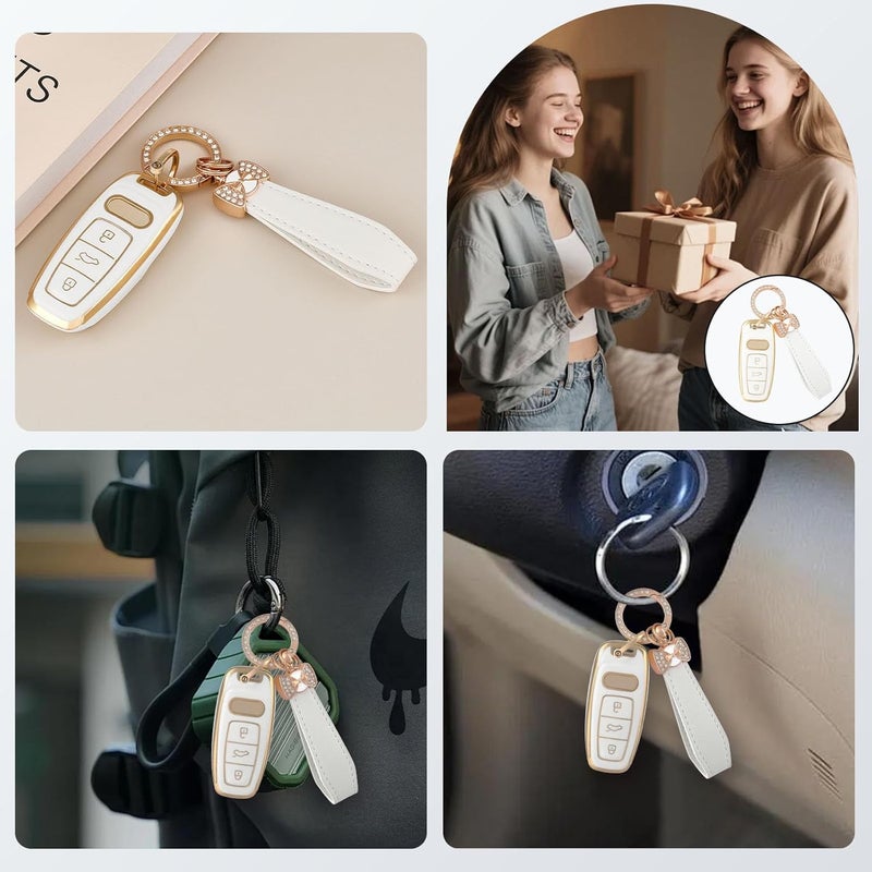 OFFCURVE Car Key Cover for Audi 3 Buttons Key Fob Case with Keychain - White Gold - Image 5
