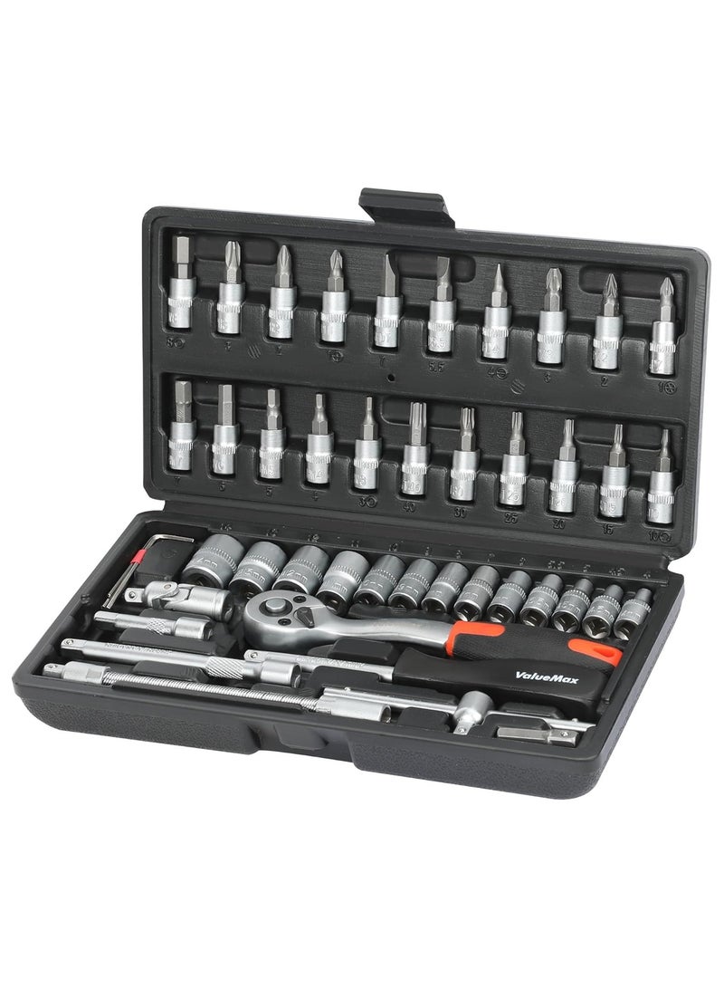 Valuemax 46-Piece Socket Wrench Set  1/4“ Socket Set  Cr-V Steel Ratchet Set  Mechanic Tool Kit, Car Repair Tools - Image 1