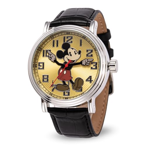 Disney Mickey Moving Hands Watch - Vintage Mickey Mouse Watch for Men - 90s Mouse Watches - Classic Men’s Toys - Timeless Design - Silver Case - Leather Strap - Image 1