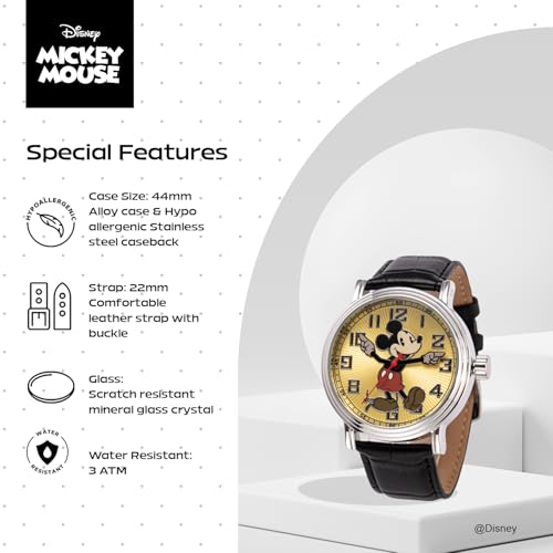 Disney Mickey Moving Hands Watch - Vintage Mickey Mouse Watch for Men - 90s Mouse Watches - Classic Men’s Toys - Timeless Design - Silver Case - Leather Strap - Image 4