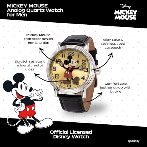 Disney Mickey Moving Hands Watch - Vintage Mickey Mouse Watch for Men - 90s Mouse Watches - Classic Men’s Toys - Timeless Design - Silver Case - Leather Strap - Image 2