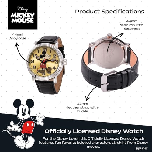 Disney Mickey Moving Hands Watch - Vintage Mickey Mouse Watch for Men - 90s Mouse Watches - Classic Men’s Toys - Timeless Design - Silver Case - Leather Strap - Image 3