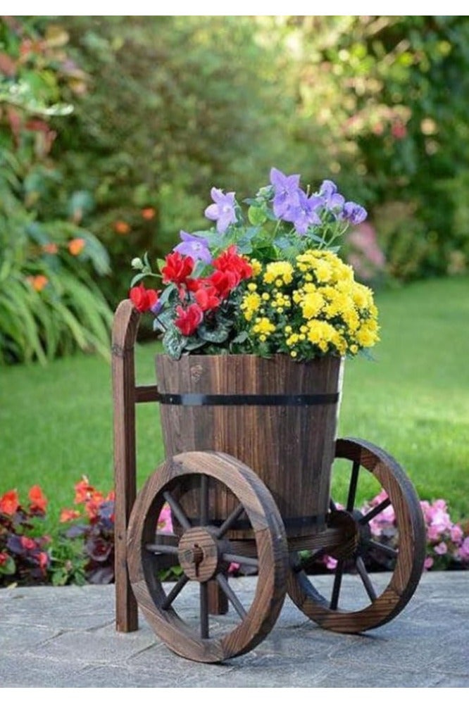 LINGWEI Wooden Flower Pot Rustic Elegance Premium Wood Antique Trolly Planter with Wheels and Optimal Drainage - Image 1