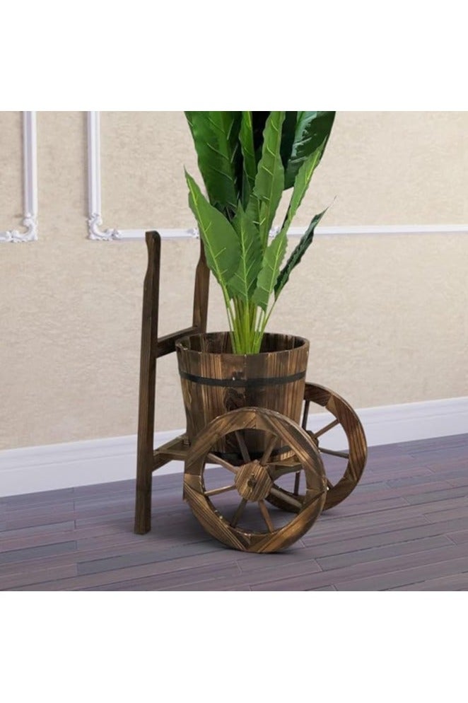 LINGWEI Wooden Flower Pot Rustic Elegance Premium Wood Antique Trolly Planter with Wheels and Optimal Drainage - Image 2