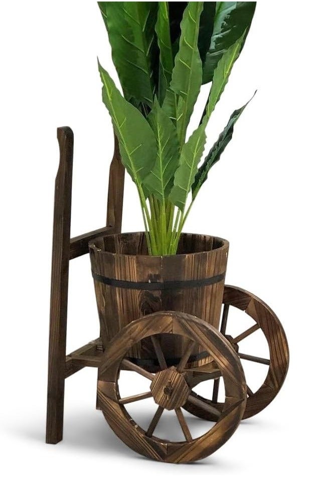 LINGWEI Wooden Flower Pot Rustic Elegance Premium Wood Antique Trolly Planter with Wheels and Optimal Drainage - Image 5