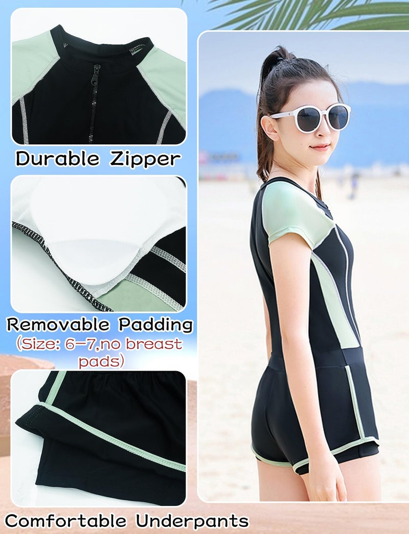 Happy Cherry Teen Girls One Piece Rash Guard Short Sleeve Quick Dry Swimsuit Boyleg Zipper Bathing Suit Breathable Soft UV Protection Swimsuit for Suring Swimming Pool Beach 11-13 Years - Image 5