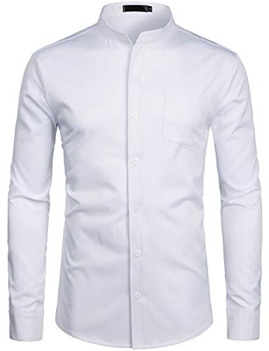 ZEROYAA Men's Banded Collar Slim Fit Long Sleeve Lightweight Casual Button Down Dress Shirts with Pocket ZLCL09 White Large - Image 1