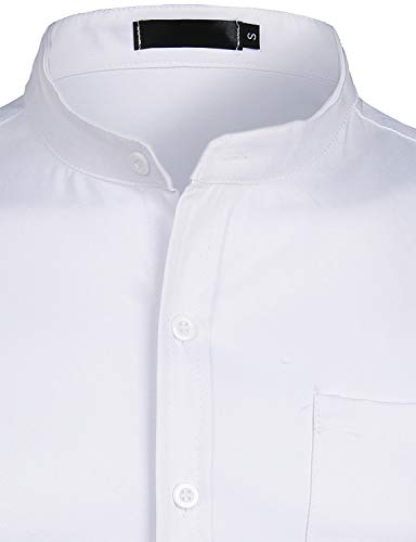 ZEROYAA Men's Banded Collar Slim Fit Long Sleeve Lightweight Casual Button Down Dress Shirts with Pocket ZLCL09 White Large - Image 3