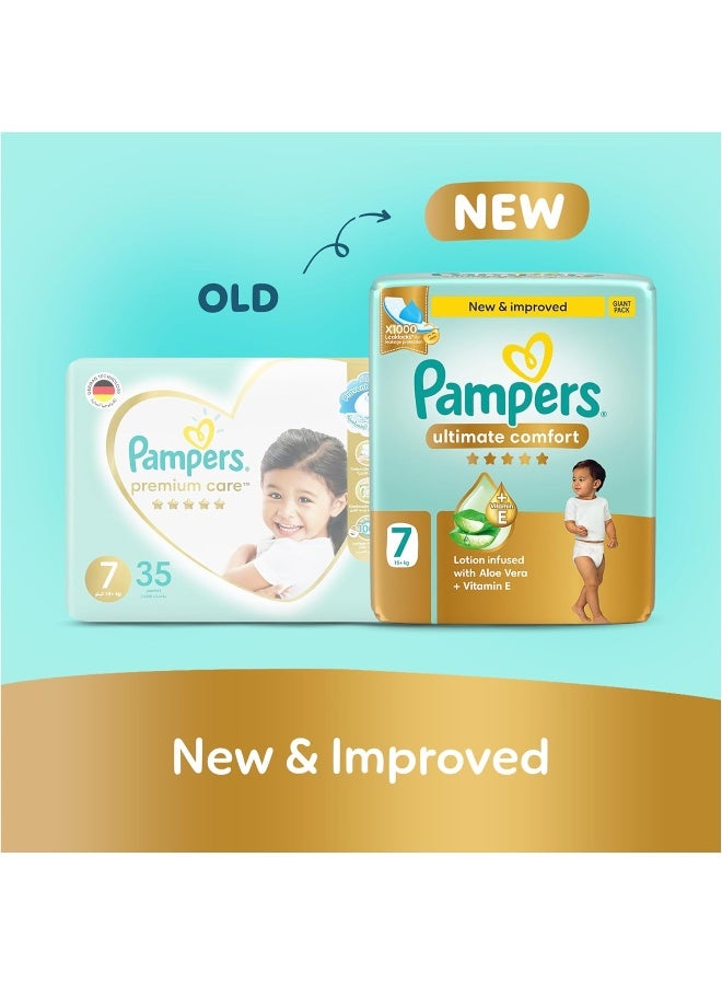 Pampers Ultimate Comfort Taped Diapers, Size 7, 15+kg, Lotion infused with Aloe Vera and Vitamin E, x1000 Leak Locks Technology for Leakage Protection, Giga Box, 144 Count