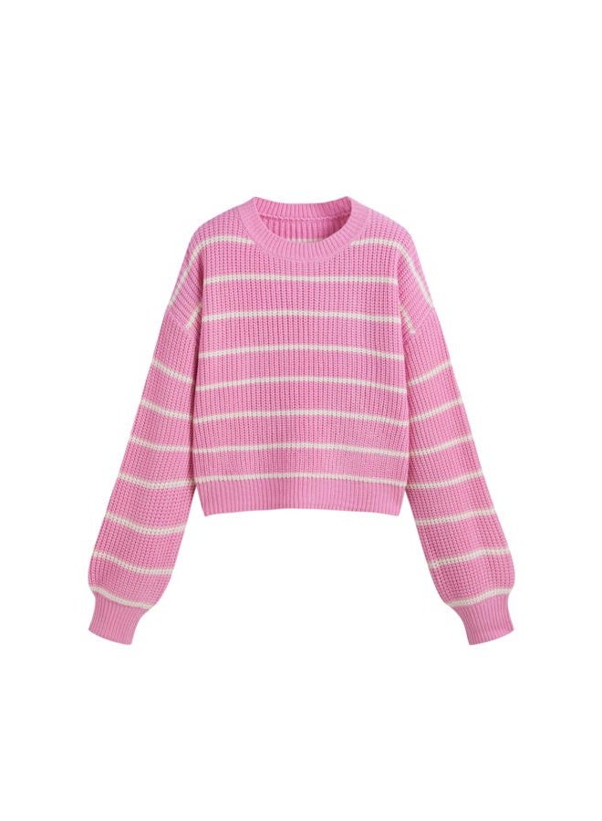 CIDER Women's Cropped Striped Sweater Long Sleeve Crew Neck Trendy Pullover Tops, Pink, M - Image 1