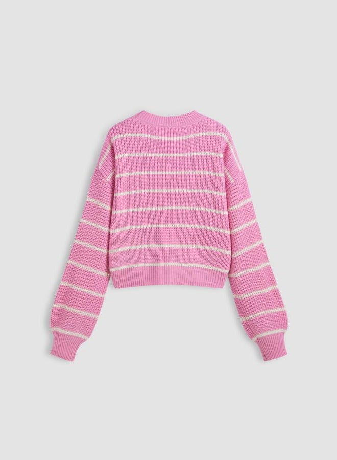 CIDER Women's Cropped Striped Sweater Long Sleeve Crew Neck Trendy Pullover Tops, Pink, M - Image 5