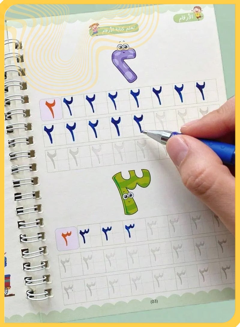 شي آند ليتل مجموعة كراسات الخط العربي السحرية للأطفال 4 في 1, قابلة لإعادة الاستخدام لتعلم الحروف والأرقام والرياضيات والرسم, تشمل حامل قلم و8 عبوات حبر, مناسبة للأعمار من 3 إلى 8 سنوات - Image 4