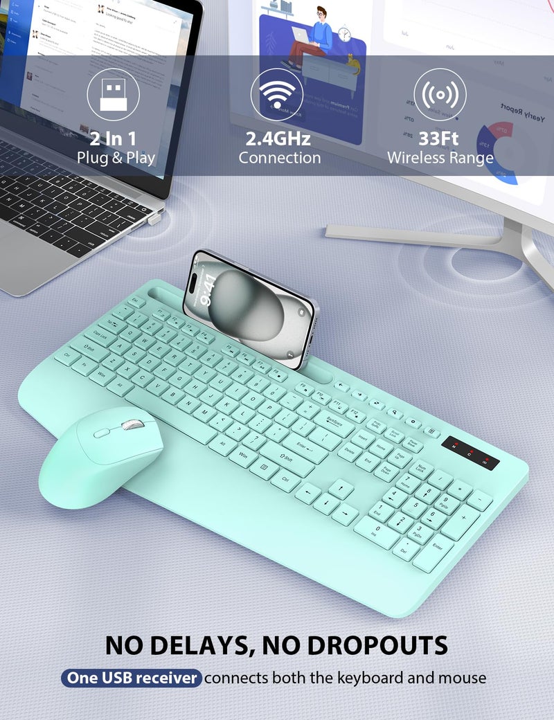 Trueque Wireless Keyboard and Mouse Combo - Full-Sized Ergonomic Keyboard with Wrist Rest, Phone Holder, Sleep Mode, Silent 2.4GHz Cordless Keyboard Mouse Combo for Computer, Laptop, PC, Mac, Windows (Green) - Image 4