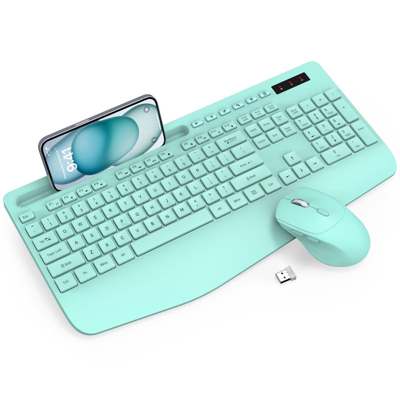 Trueque Wireless Keyboard and Mouse Combo - Full-Sized Ergonomic Keyboard with Wrist Rest, Phone Holder, Sleep Mode, Silent 2.4GHz Cordless Keyboard Mouse Combo for Computer, Laptop, PC, Mac, Windows (Green) - Image 1