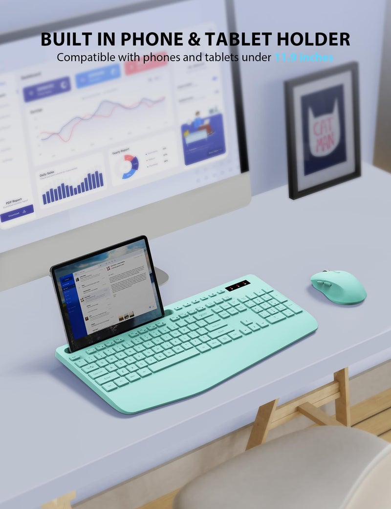 Trueque Wireless Keyboard and Mouse Combo - Full-Sized Ergonomic Keyboard with Wrist Rest, Phone Holder, Sleep Mode, Silent 2.4GHz Cordless Keyboard Mouse Combo for Computer, Laptop, PC, Mac, Windows (Green) - Image 3