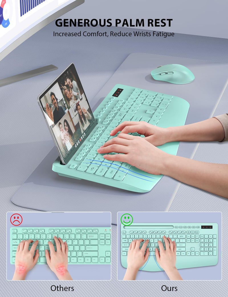 Trueque Wireless Keyboard and Mouse Combo - Full-Sized Ergonomic Keyboard with Wrist Rest, Phone Holder, Sleep Mode, Silent 2.4GHz Cordless Keyboard Mouse Combo for Computer, Laptop, PC, Mac, Windows (Green) - Image 2