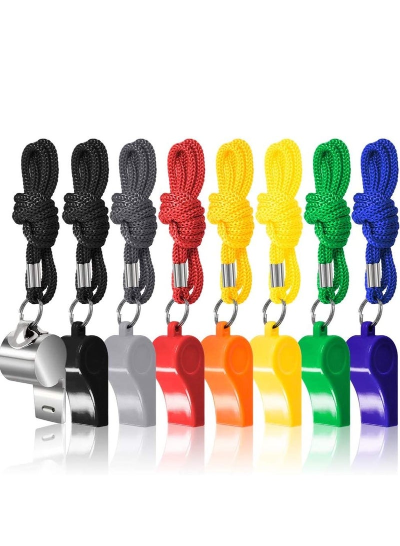 KASTWAVE Whistles, 8 Packs Coaches Referee Whistles with Lanyards, Loud Crisp Sound, Colorful Plastic and Stainless Steel Football for Sports Lifeguards Survival Emergency Training - Image 1