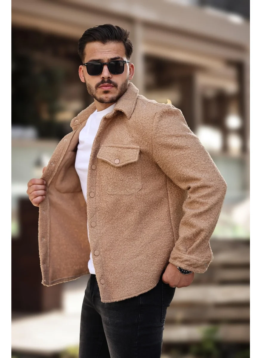 Miron Camel Curly Textured Fabric Shirt Collar Pocket Regular Fit Jacket - 2309