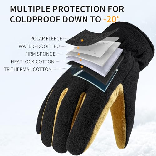 OZERO Winter Gloves for Men Women: -20F Deerskin Waterproof Windproof Leather Polar Fleece Cotton Warm Thermal Insulated Womens Mens Gloves Winter Work Running in Cold Weather-L Tan Black - Image 2