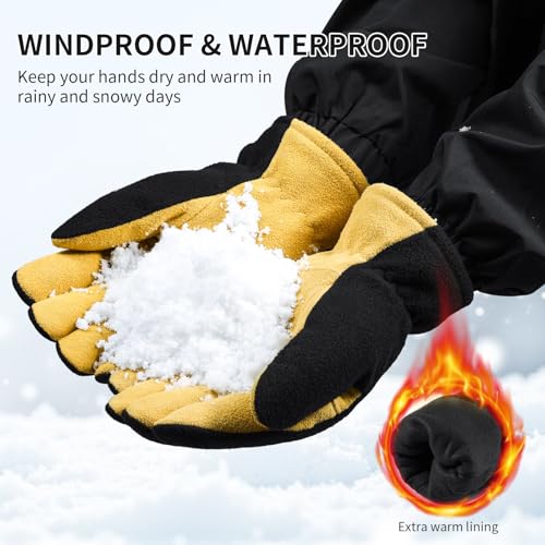 OZERO Winter Gloves for Men Women: -20F Deerskin Waterproof Windproof Leather Polar Fleece Cotton Warm Thermal Insulated Womens Mens Gloves Winter Work Running in Cold Weather-L Tan Black - Image 4