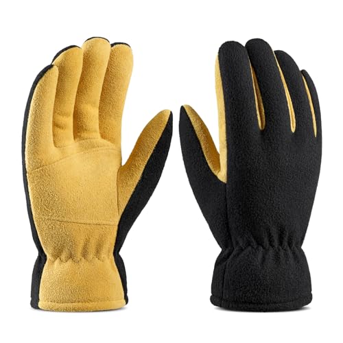 OZERO Winter Gloves for Men Women: -20F Deerskin Waterproof Windproof Leather Polar Fleece Cotton Warm Thermal Insulated Womens Mens Gloves Winter Work Running in Cold Weather-L Tan Black - Image 1