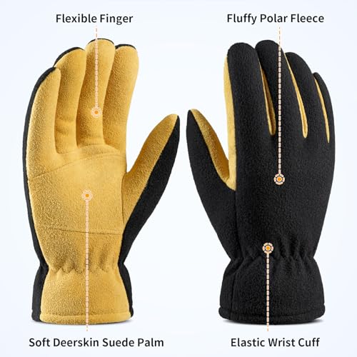 OZERO Winter Gloves for Men Women: -20F Deerskin Waterproof Windproof Leather Polar Fleece Cotton Warm Thermal Insulated Womens Mens Gloves Winter Work Running in Cold Weather-L Tan Black - Image 3