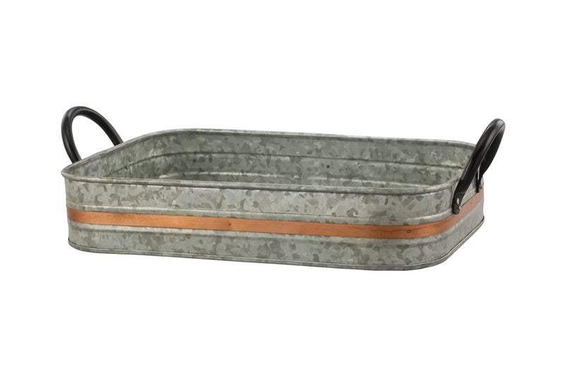 DECONOOR Galvanized Metal Serving Trays Iron Black Handles, Farmhouse Tray with Copper Strip, Decorative Centerpiece for Coffee Table or Dining Table, Rustic Utility Tray for All Purpose, Rectangular Trays - Image 2