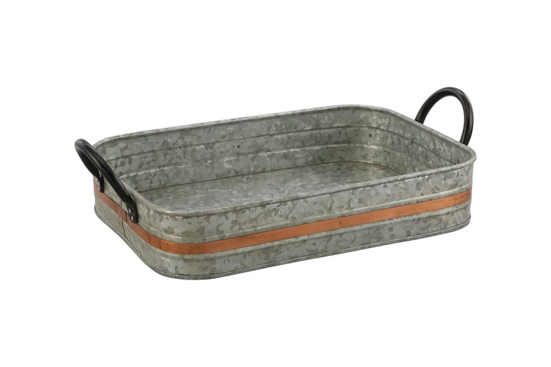 DECONOOR Galvanized Metal Serving Trays Iron Black Handles, Farmhouse Tray with Copper Strip, Decorative Centerpiece for Coffee Table or Dining Table, Rustic Utility Tray for All Purpose, Rectangular Trays - Image 1