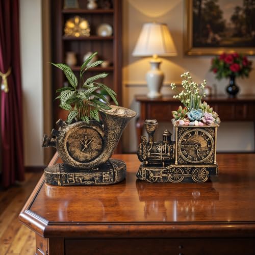 godealio Retro-Style Succulent Pots with Drainage, Indoor/Outdoor Planter, Nostalgic Cactus/Bonsai Garden Pots for Home Decoration and Office Desk Decoration, Vintage Artwork (2 Piece Set) (Bronze-Colored) - Image 2