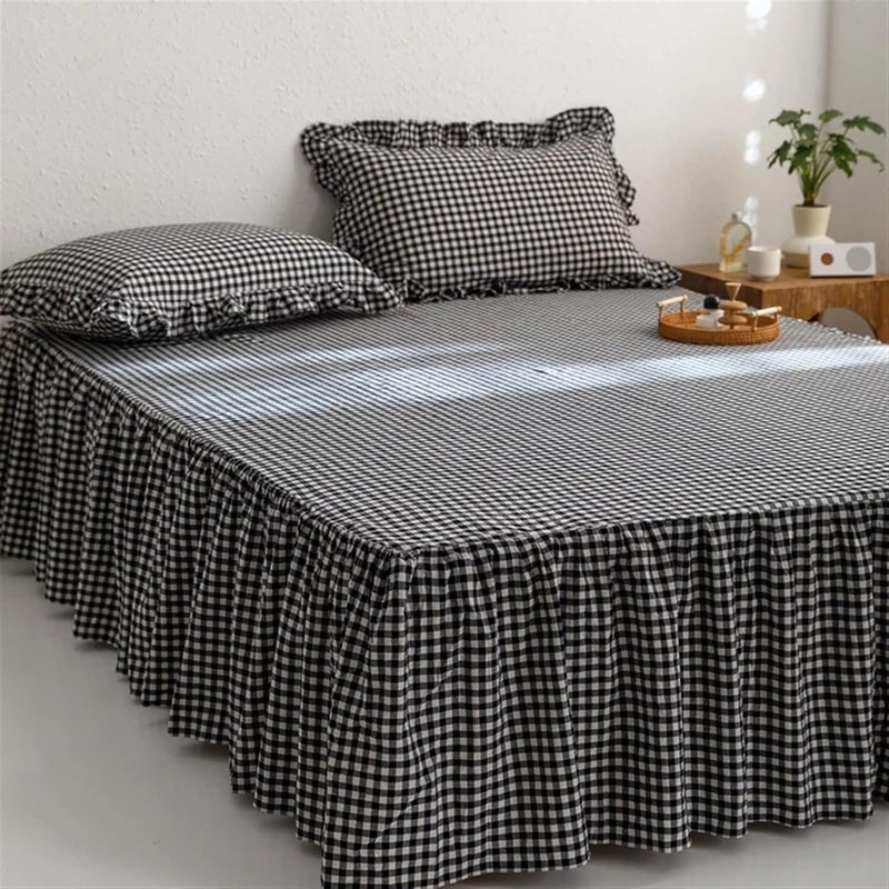 Bed Skirt Cotton Cover Plaid Style Bedspread Single/Queen/King Size Mattress Protector No Pillowcase(Grey,King 180x220cm 1pc) - Image 3