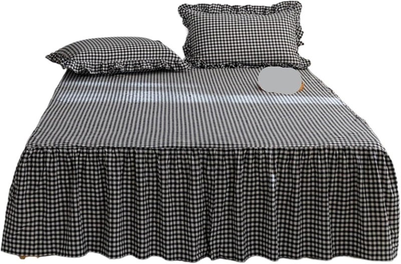 Bed Skirt Cotton Cover Plaid Style Bedspread Single/Queen/King Size Mattress Protector No Pillowcase(Grey,King 180x220cm 1pc) - Image 1