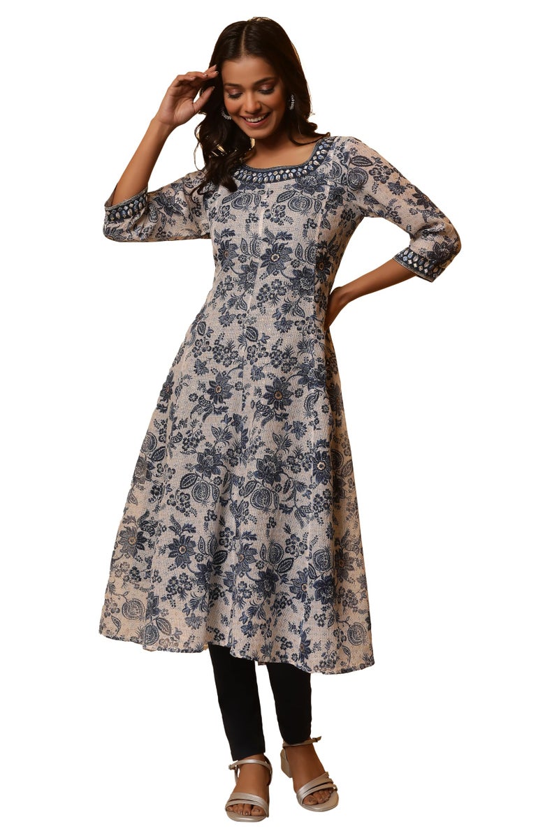 Aurelia Blue Floral Printed Anarkali Kurta with Embroidered Neck (Size: M)-24FEA14850-508224 - Image 1