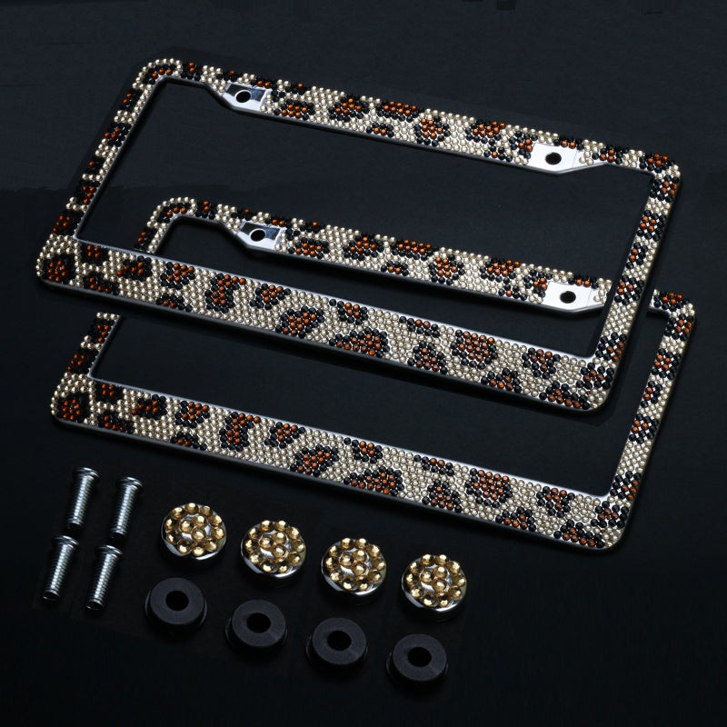 2PCS Auto Leopard License Plate Frame,Firwood Handcraft Bling Rhinestone Diamond,Aluminum Chrome Body Including 4xCrystal Cap+4xScrew Fasteners