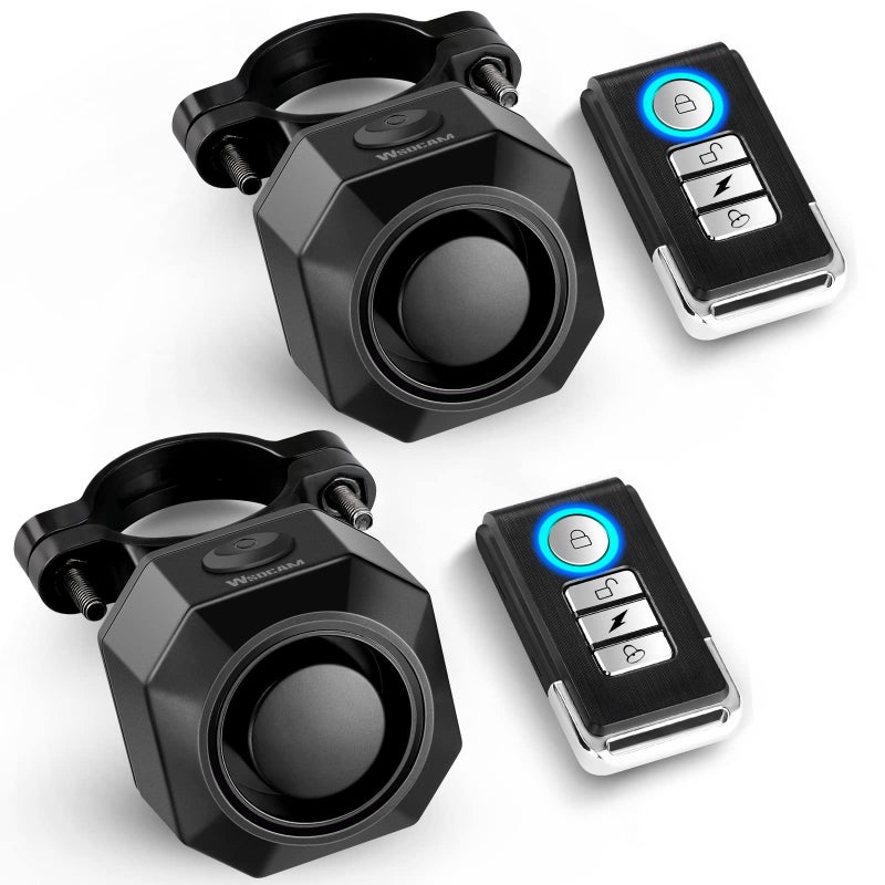 WSDCAM USB Rechargeable Bike Alarm with Remote 110dB Loud Wireless Anti Theft Vibration Motion Sensor Vehicle Security Alarm System Waterproof Bicycle Trailer Motorcycle Alarm 2 Pack