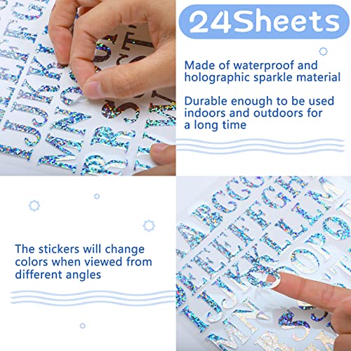 Clabby 2160 Pieces 24 Sheets Holographic Laser Letter Stickers Glitter Self Adhesive Stickers Shiny Alphabet DIY Small Vinyl Decorative Decals for Cups Scrapbooks Window Door Cars(Multiple Colors) - Image 3