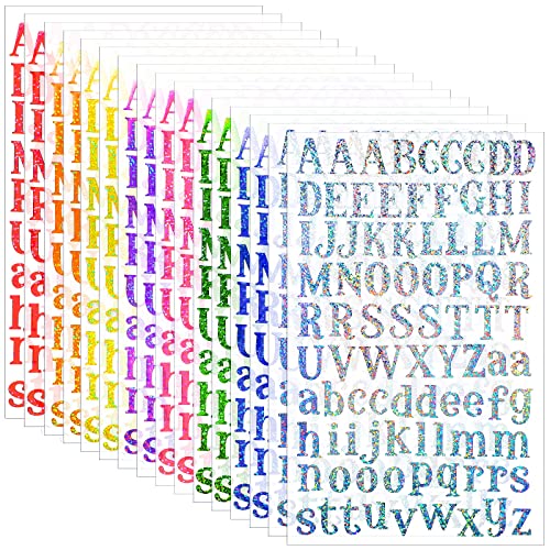 Clabby 2160 Pieces 24 Sheets Holographic Laser Letter Stickers Glitter Self Adhesive Stickers Shiny Alphabet DIY Small Vinyl Decorative Decals for Cups Scrapbooks Window Door Cars(Multiple Colors) - Image 1