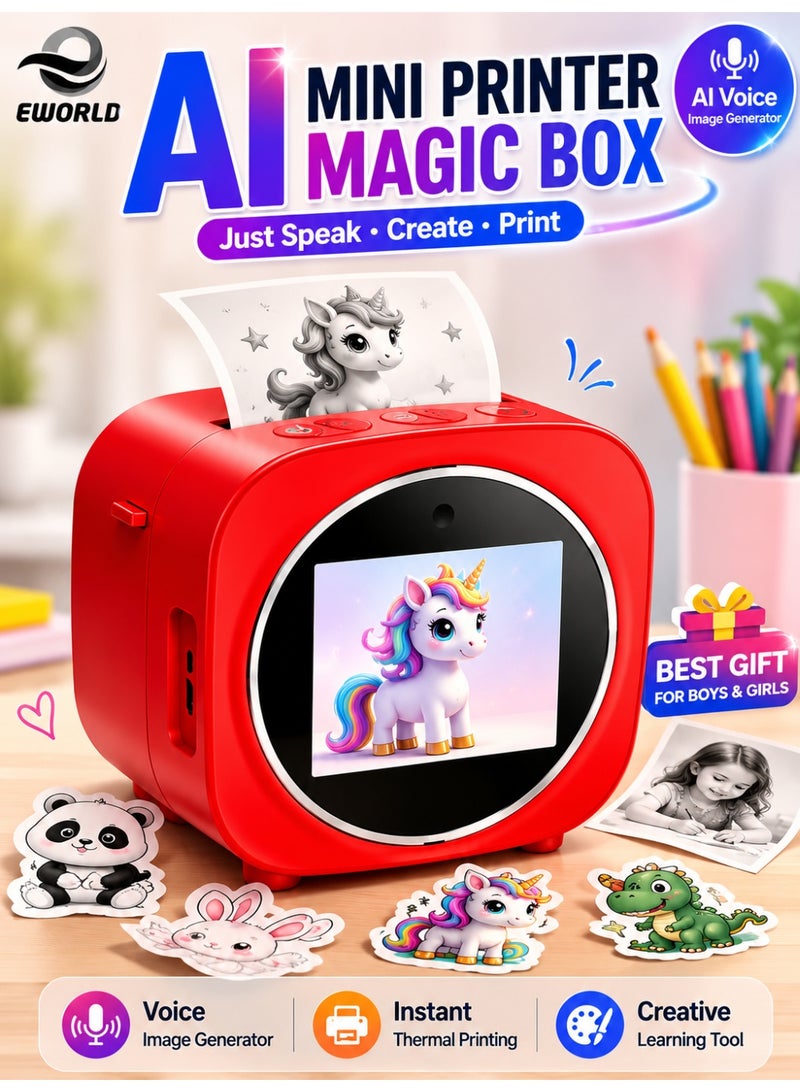 Eworld Mini Printer Magic Box for Kids, AI Voice Image Generator, Smart Sticker Printer, Instant Thermal Printing, 2.4-Inch HD Screen, Creative Learning Tool - Image 1
