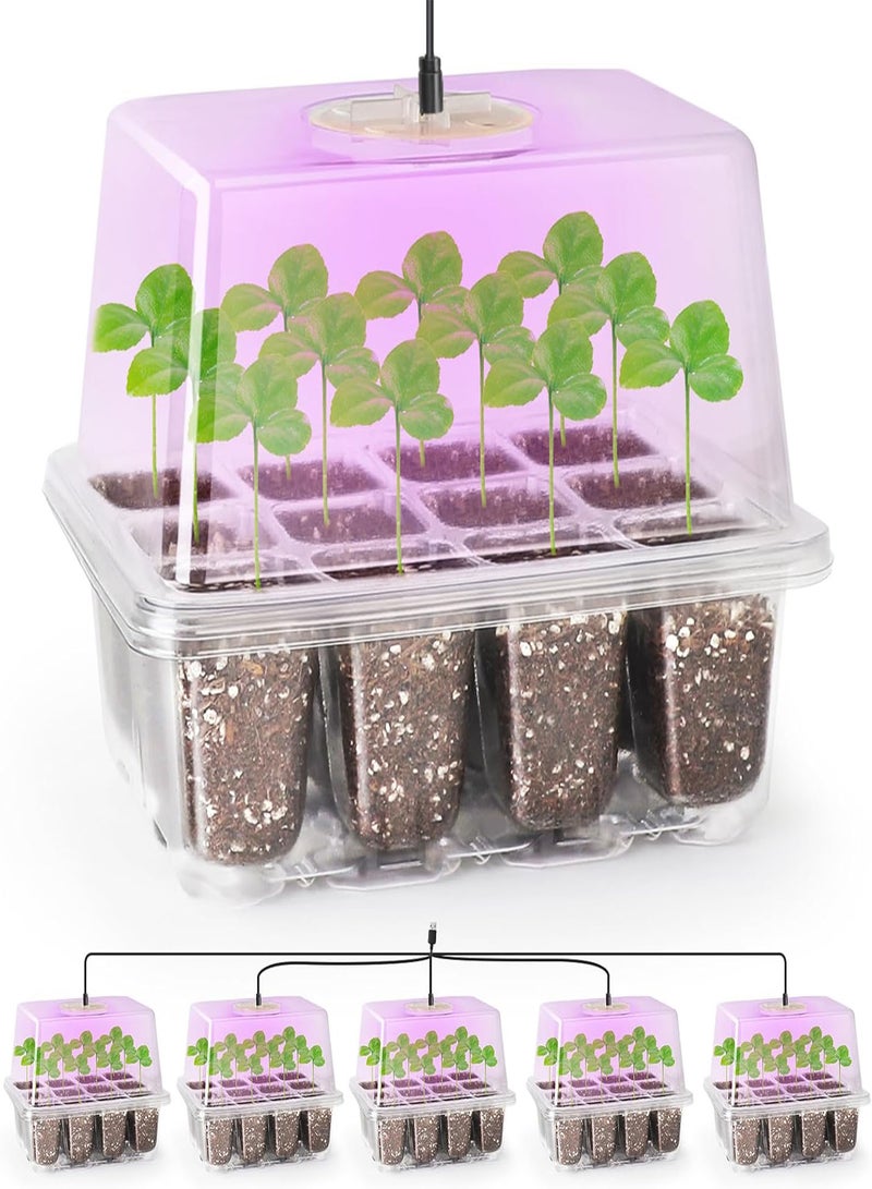 GGOOT 5 Packs Seed Starter Kit with Grow Light，Seed Starter Tray Tall with 3 inch Lids，with Adjustable Humidity Dome，for Base Mini Greenhouse Germination Kit(12 Cells per Seedling Tray) - Image 1