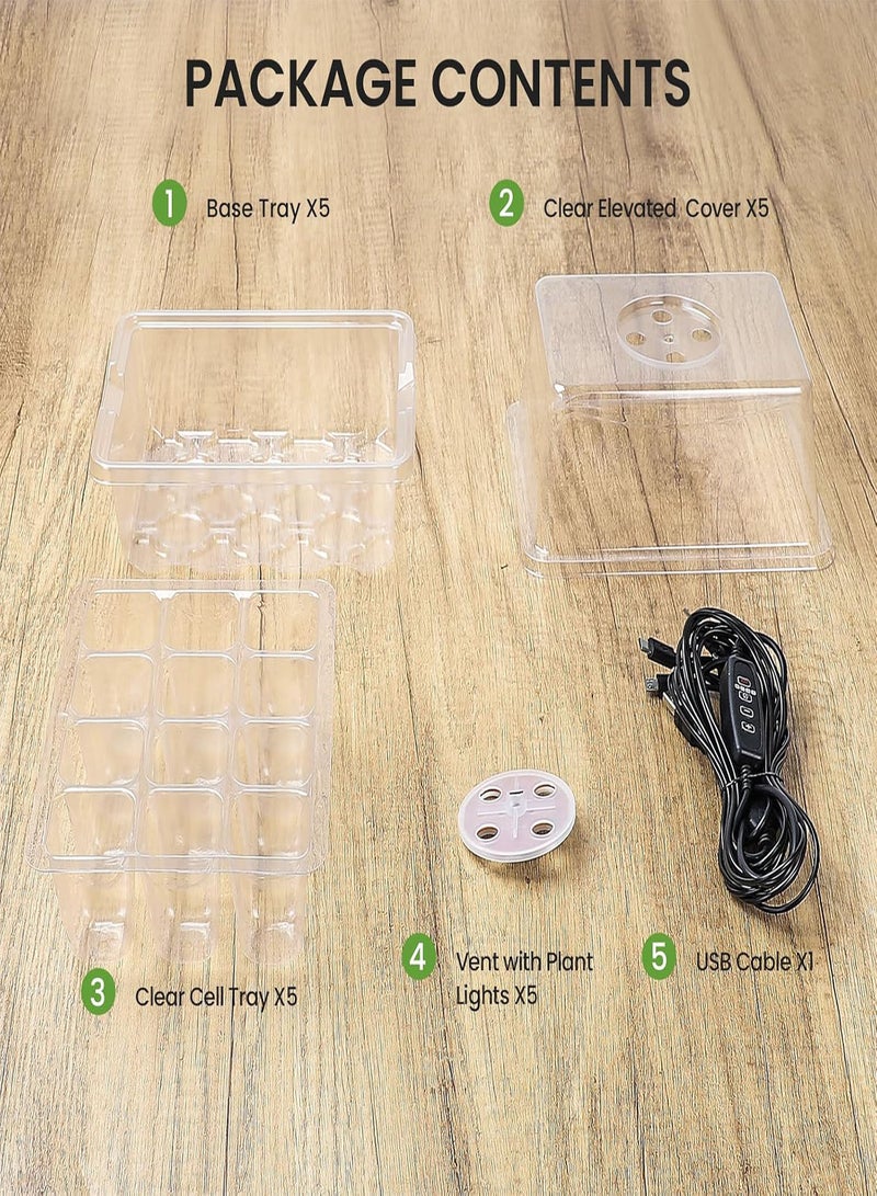GGOOT 5 Packs Seed Starter Kit with Grow Light，Seed Starter Tray Tall with 3 inch Lids，with Adjustable Humidity Dome，for Base Mini Greenhouse Germination Kit(12 Cells per Seedling Tray) - Image 3